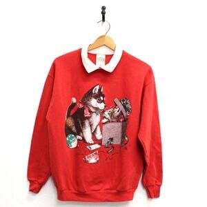 Vintage Puppy Dog Kitten Christmas Sweatshirt Medium